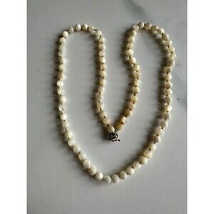 Vintage Hand Knotted Mother of Pearl Bead Necklace Cream Shell Strand 16 Inch